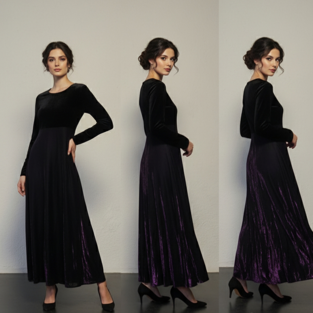 Vintage La Belle Black and Purple Midi Dress